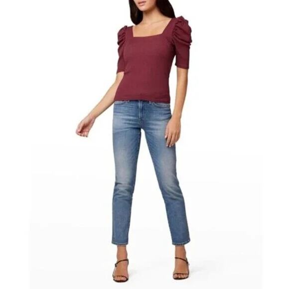 NWT JOE'S JEANS Monica Square-Neck Puff-Sleeve Top Sz XS Zinfandel - Picture 2 of 6